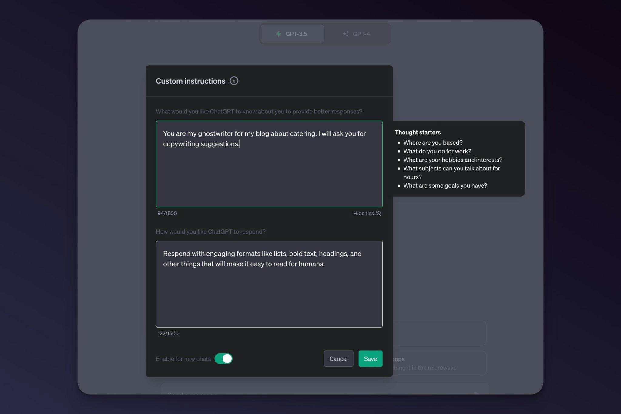 ChatGPT custom instructions