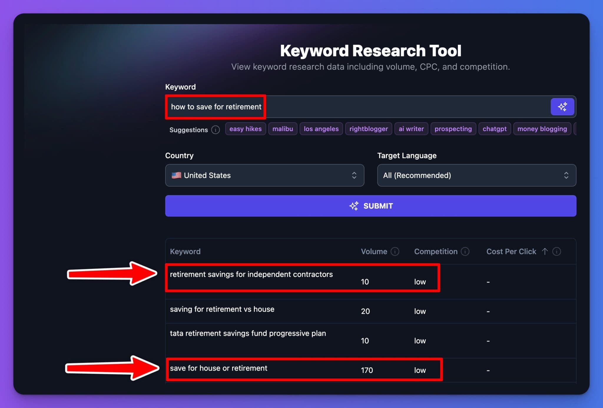 Long-Tail Keyword Examples (Comparison) Using Free Tool
