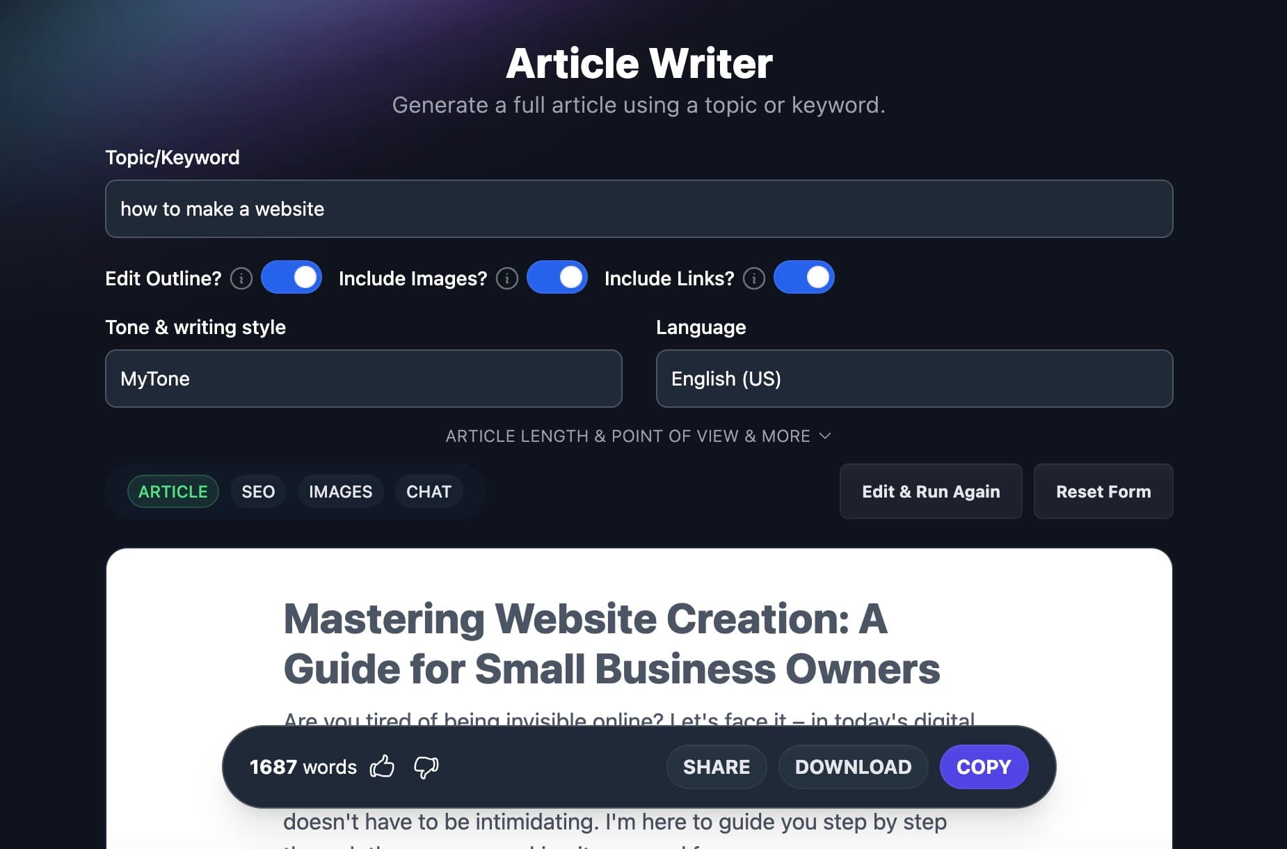 RightBlogger AI Article Writer Tool (Screen Shot)