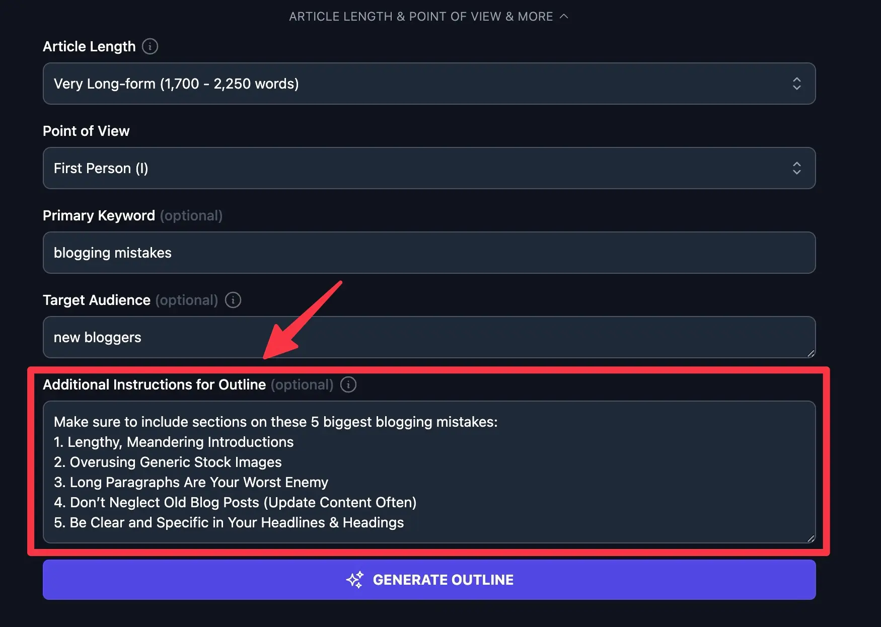 Additional Instructions for AI Tools in RightBlogger (Screen Shot)