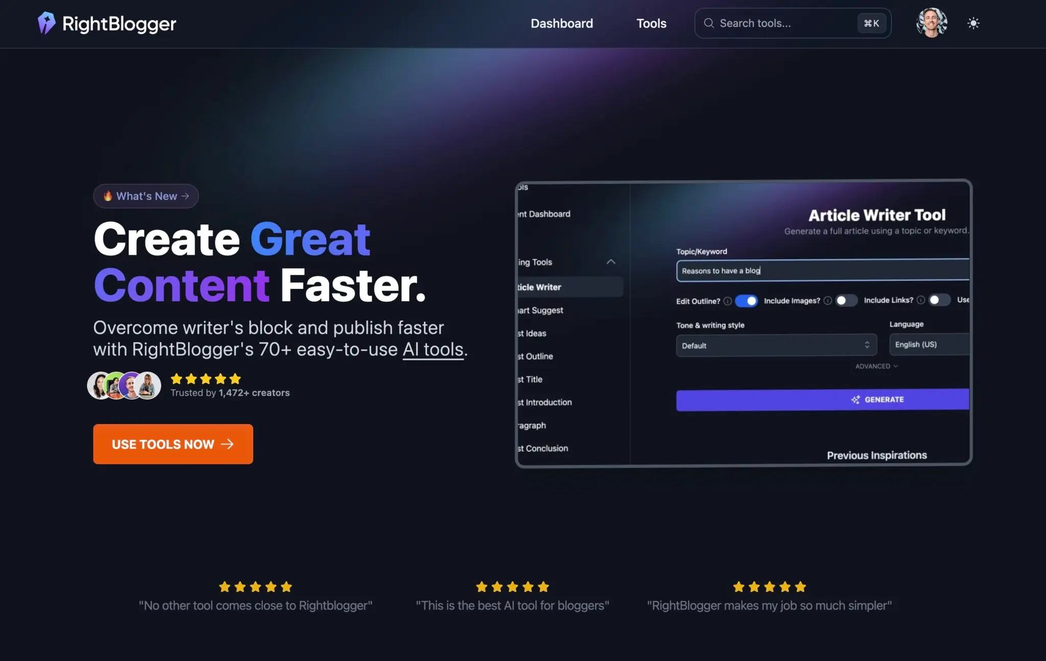 RightBlogger Homepage Screen Shot (Tools for Creators)