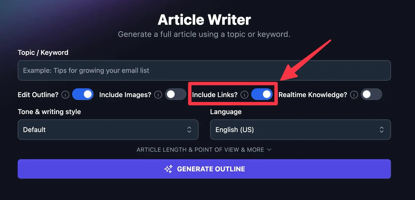 Including Links in AI Written Content (Screen Shot)