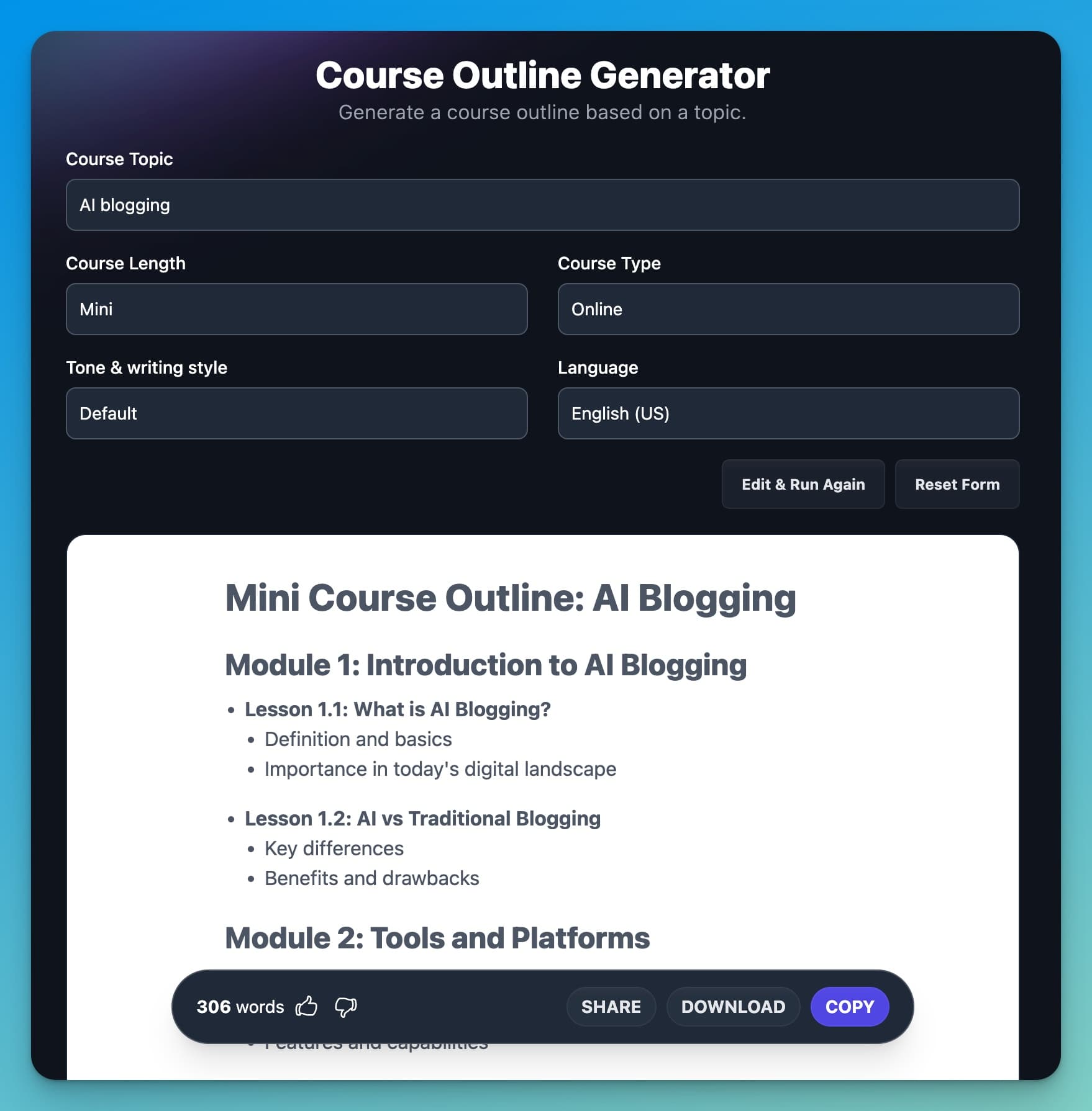 Course Outline Generator Tool in RightBlogger