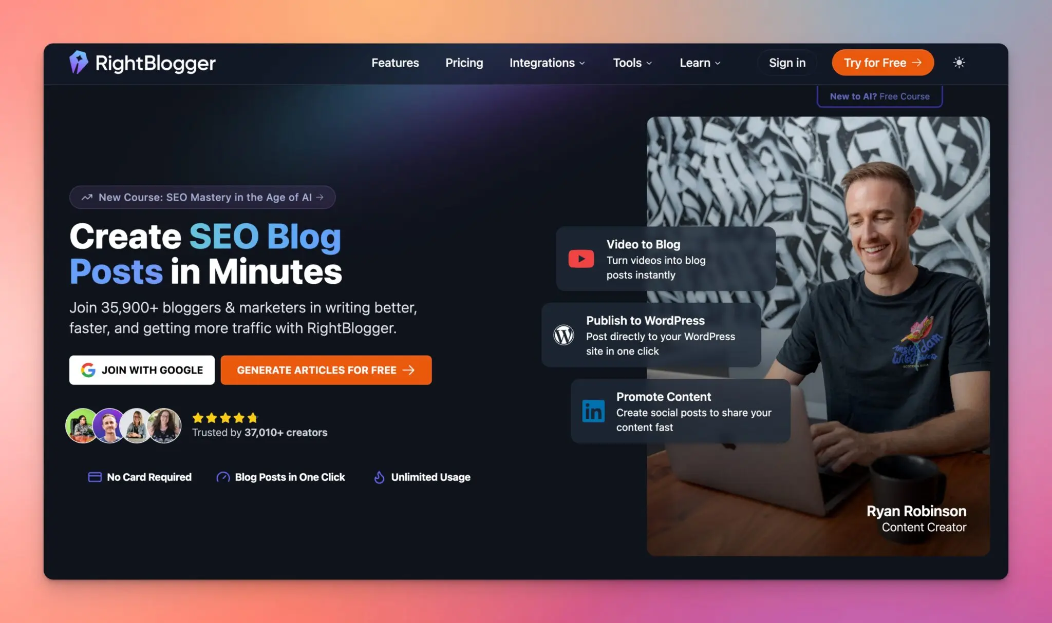 RightBlogger AI Marketing Tools for Bloggers and Content Creators (Homepage Screenshot)