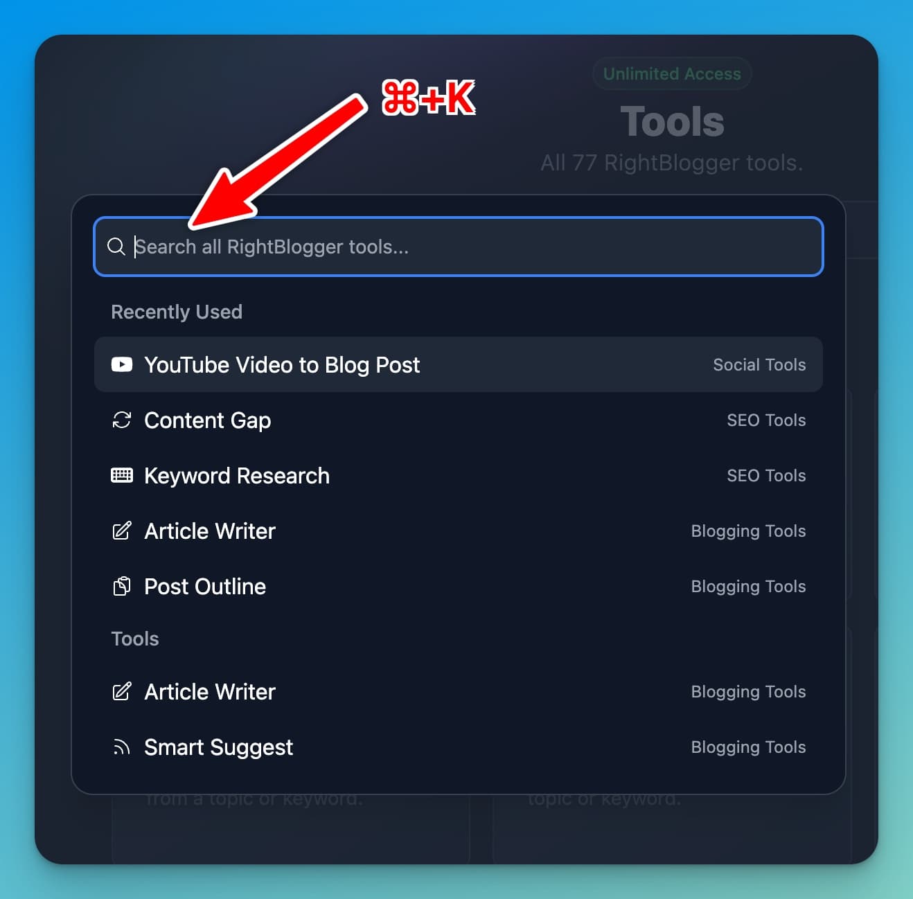 Search Shortcut in RightBlogger (Screen Shot)