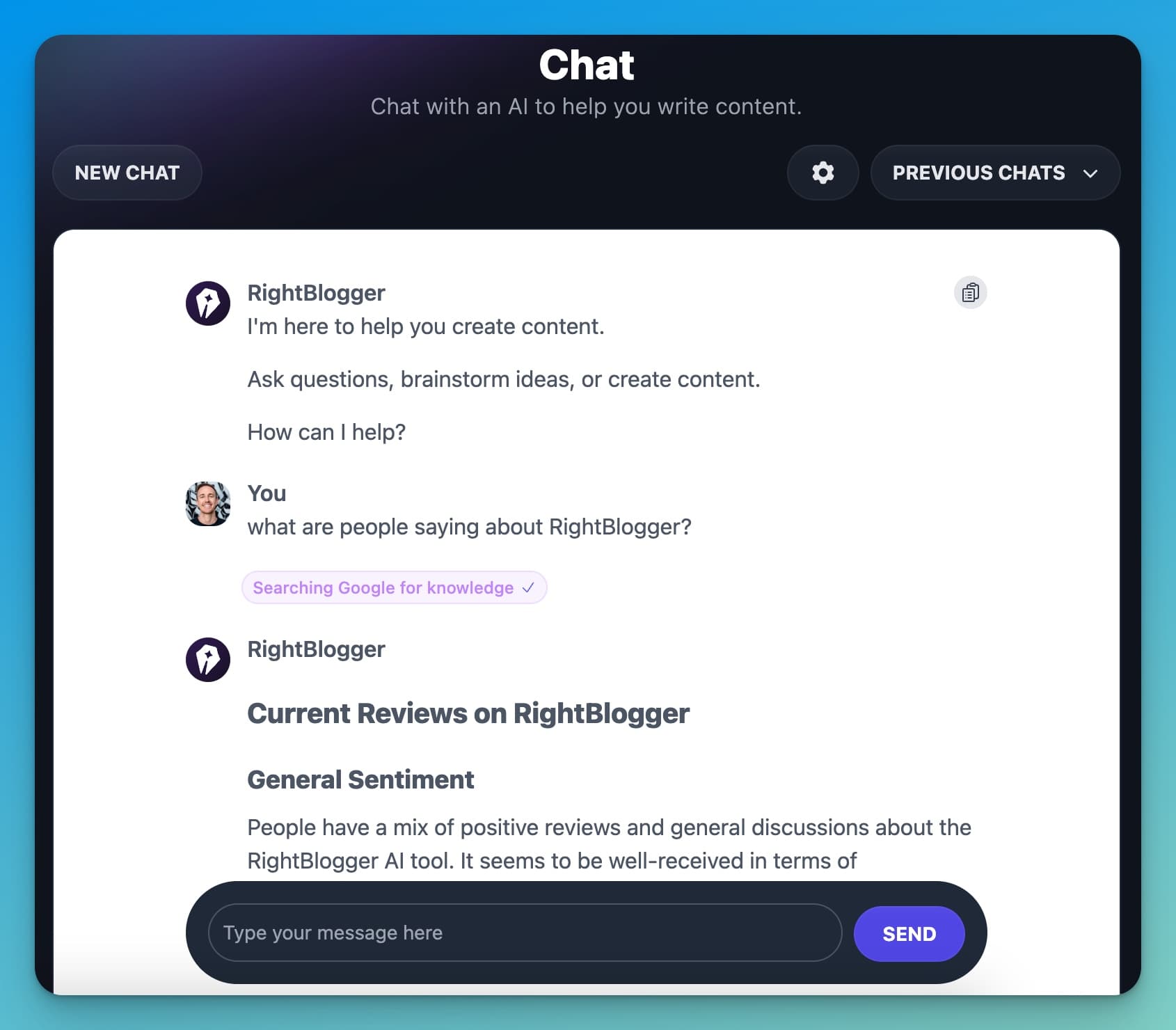 AI Marketing Tools (for Sentiment Analysis Example) Chat in RightBlogger Screen Shot