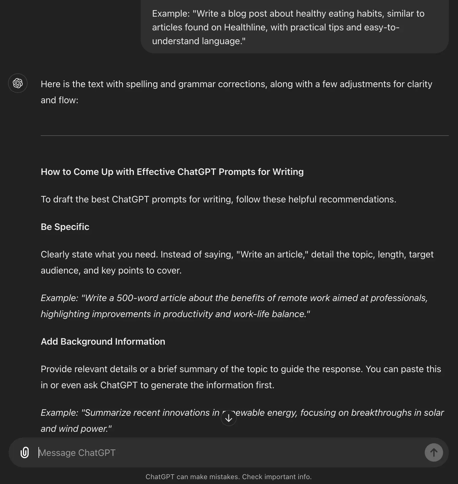 ChatGPT Writing Prompt for Grammar and Spellcheck (Screen Shot)
