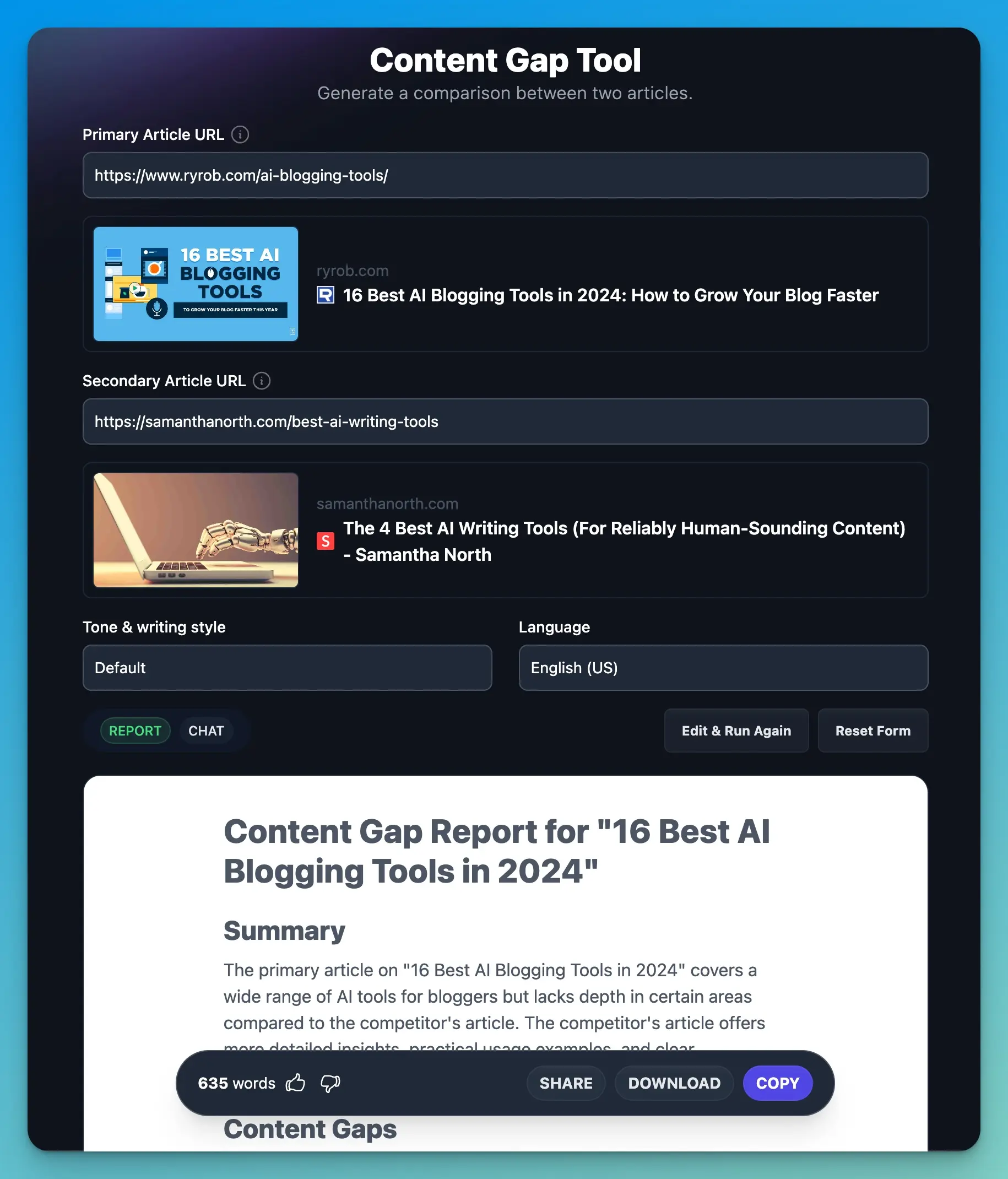 Content Gap Tool in RightBlogger (Screen Shot)