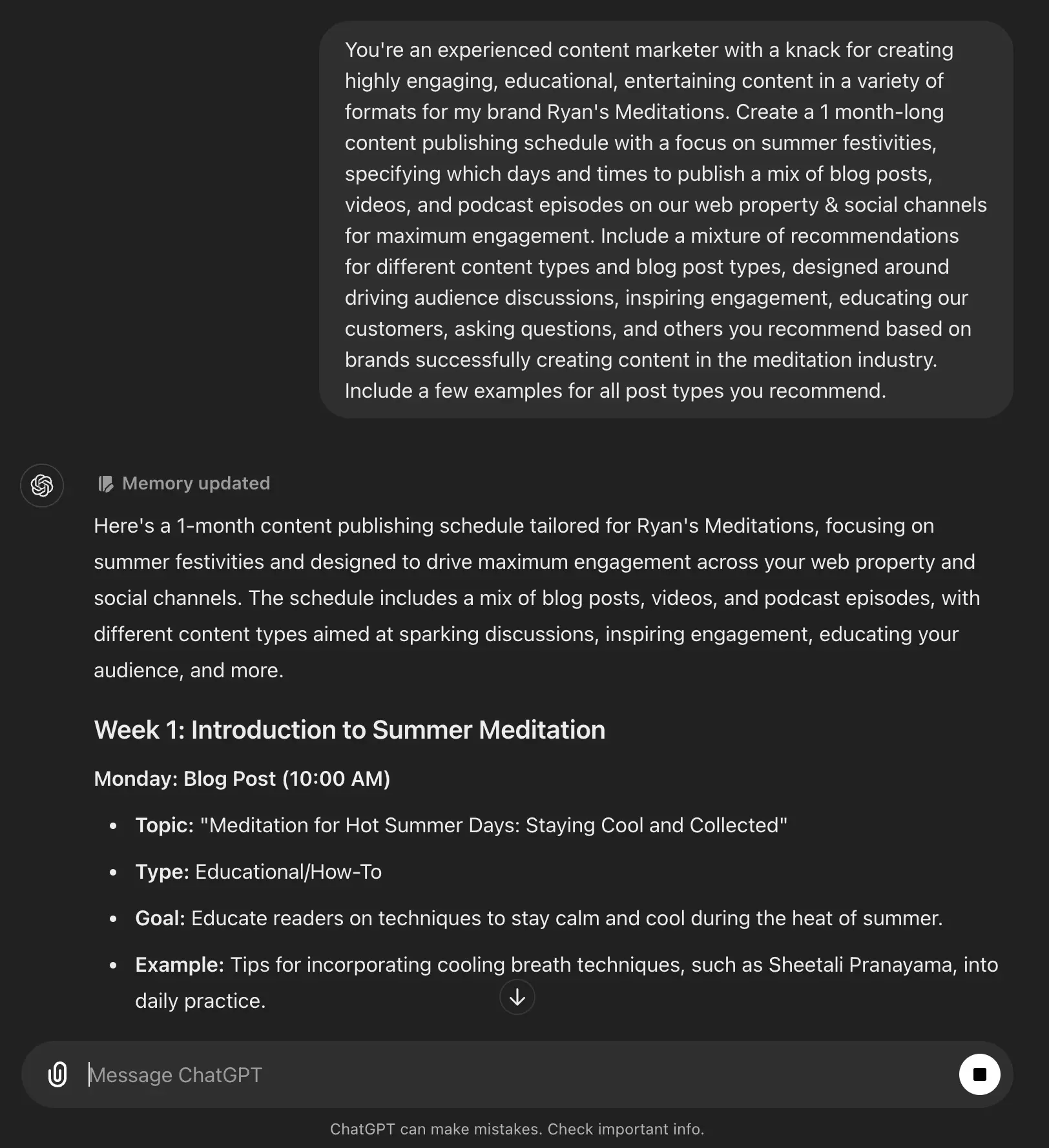 Exampe of ChatGPT Prompt for Content Planning and Publishing Schedule