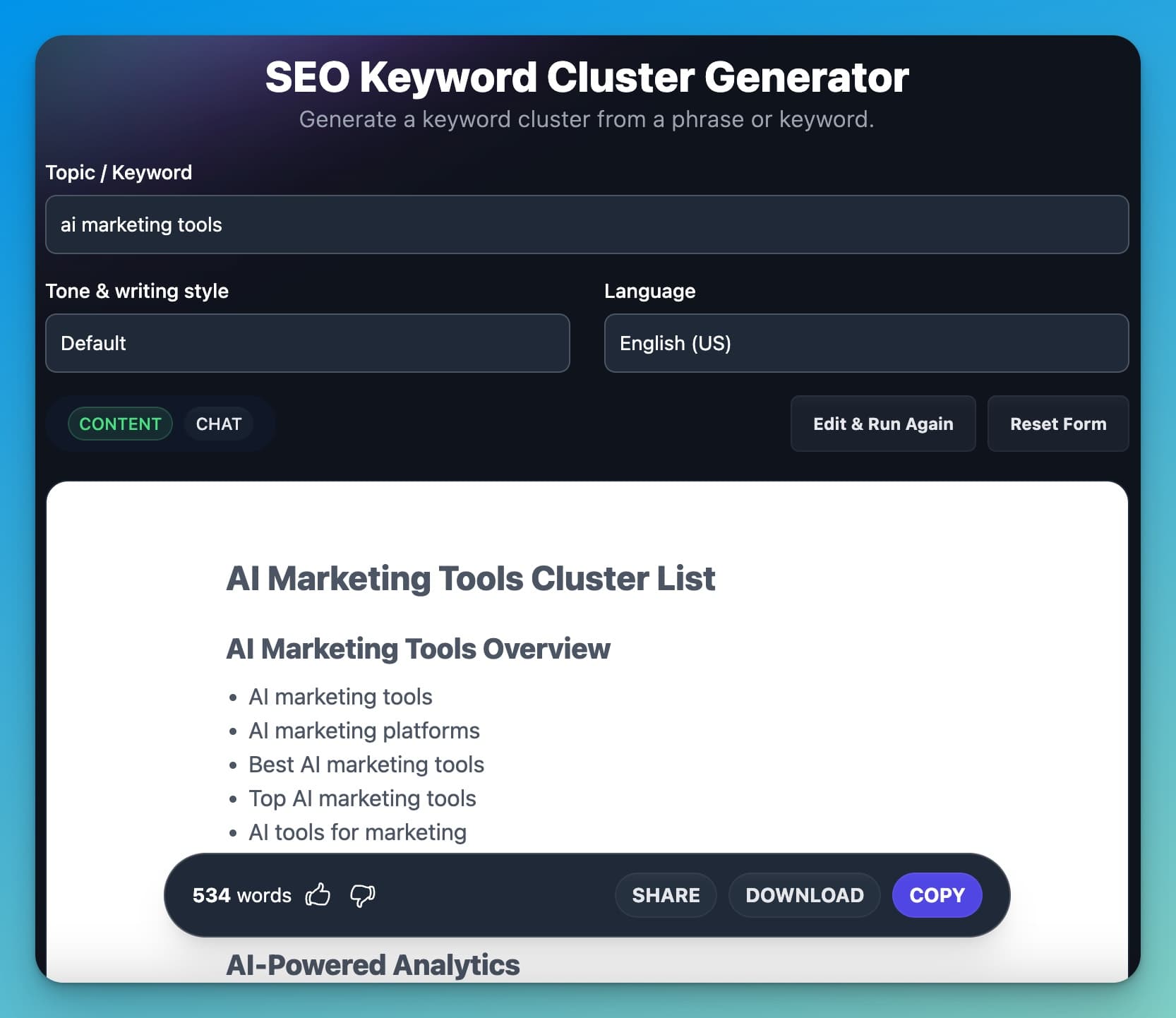 Keyword Cluster Analysis Screen Shot (AI Marketing Tools Example)