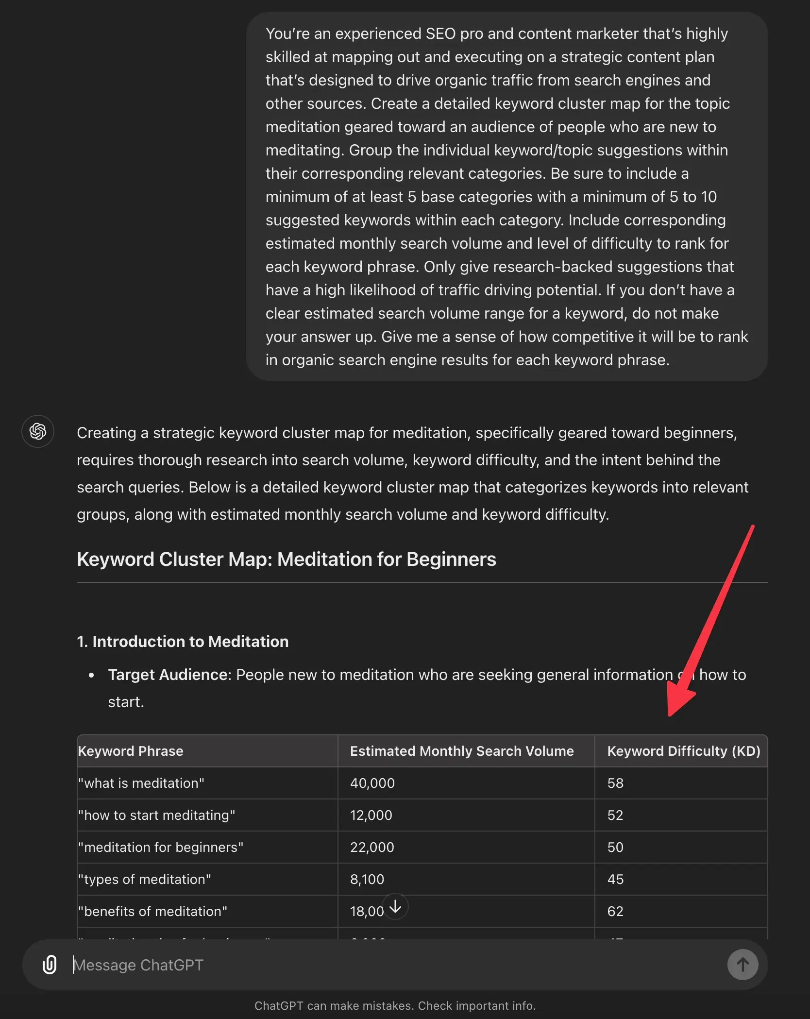 Keyword Cluster ChatGPT Prompt (Screen Shot)