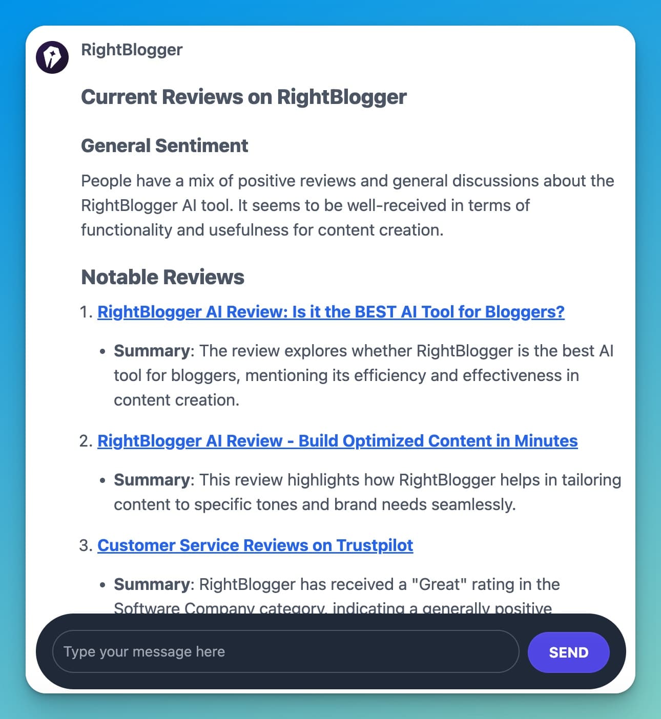 Product Reviews of RightBlogger (AI Marketing Tools Example)