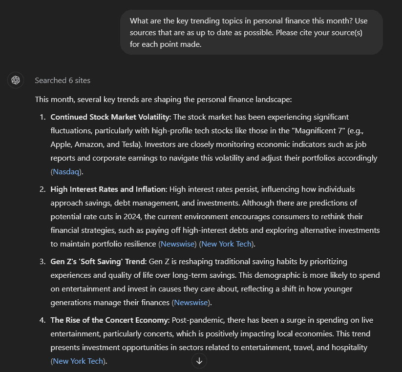ChatGPT prompt for bloggers to find key trending topics (example is for current trends in personal finance)