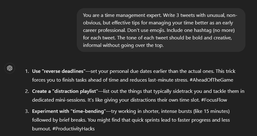 Example of ChatGPT output when using careful prompt engineering