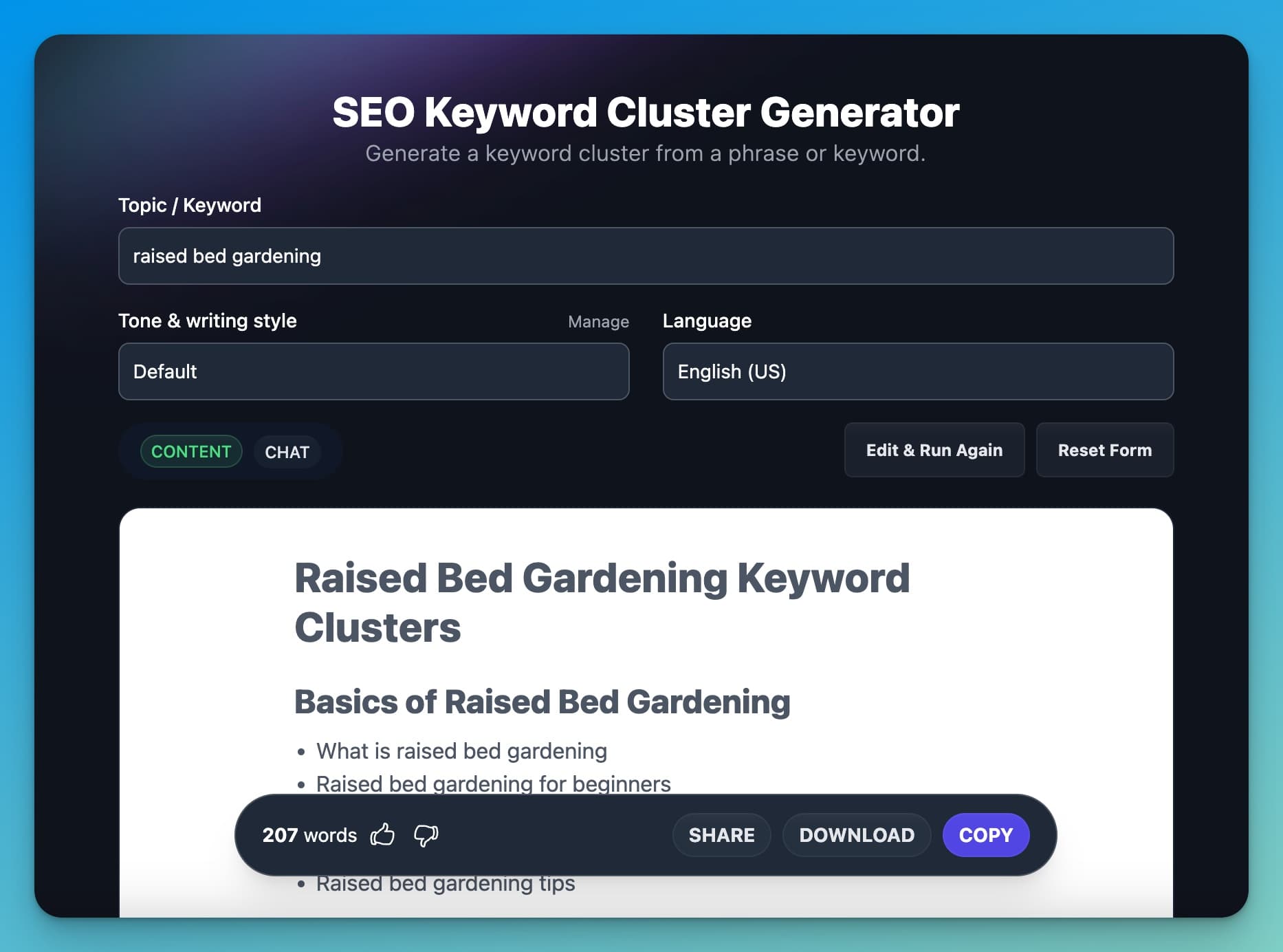 Example of SEO Keyword Cluster Map in RightBlogger (Screen Shot)