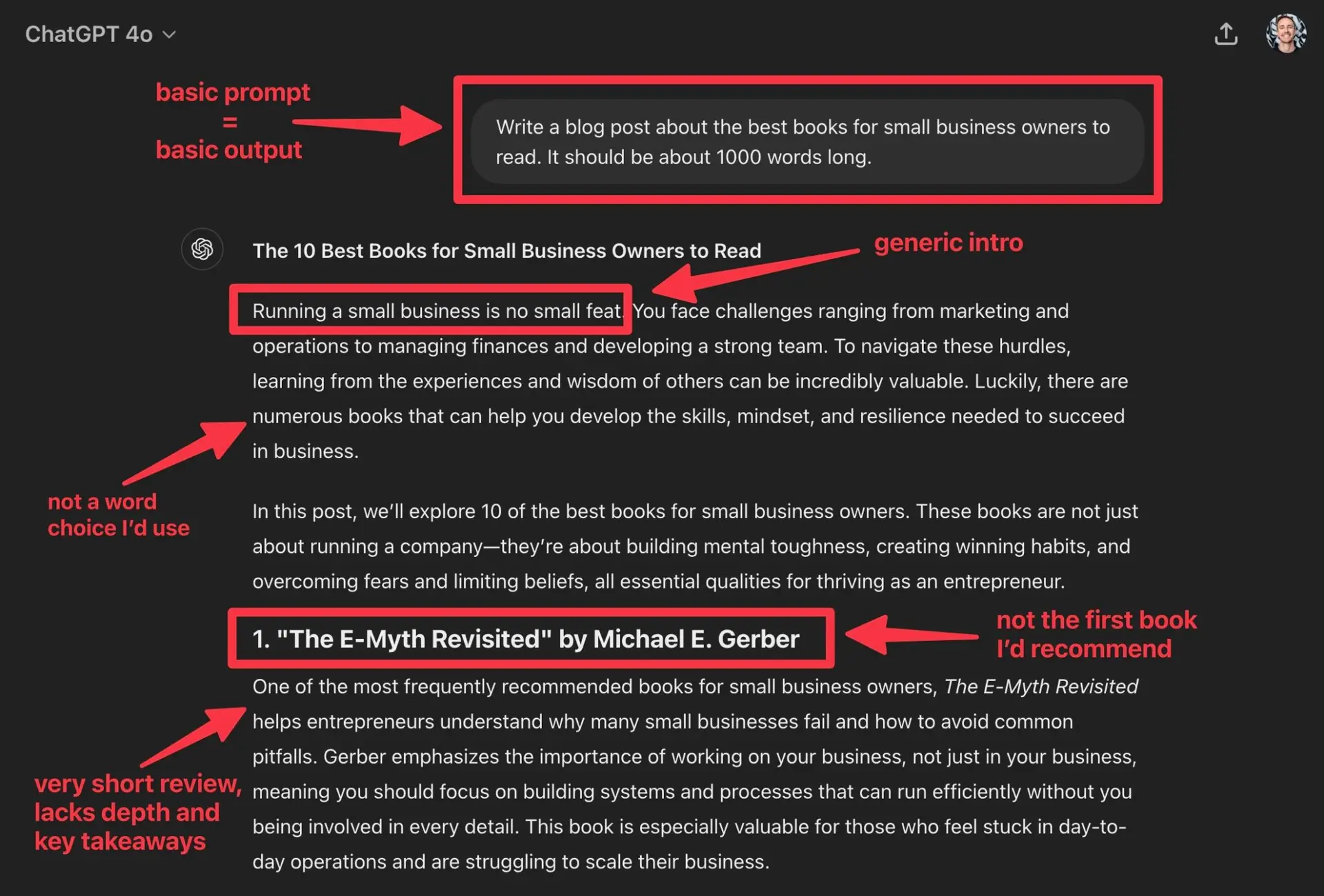 Example of a Short ChatGPT Prompt for Bloggers (Screen Shot)