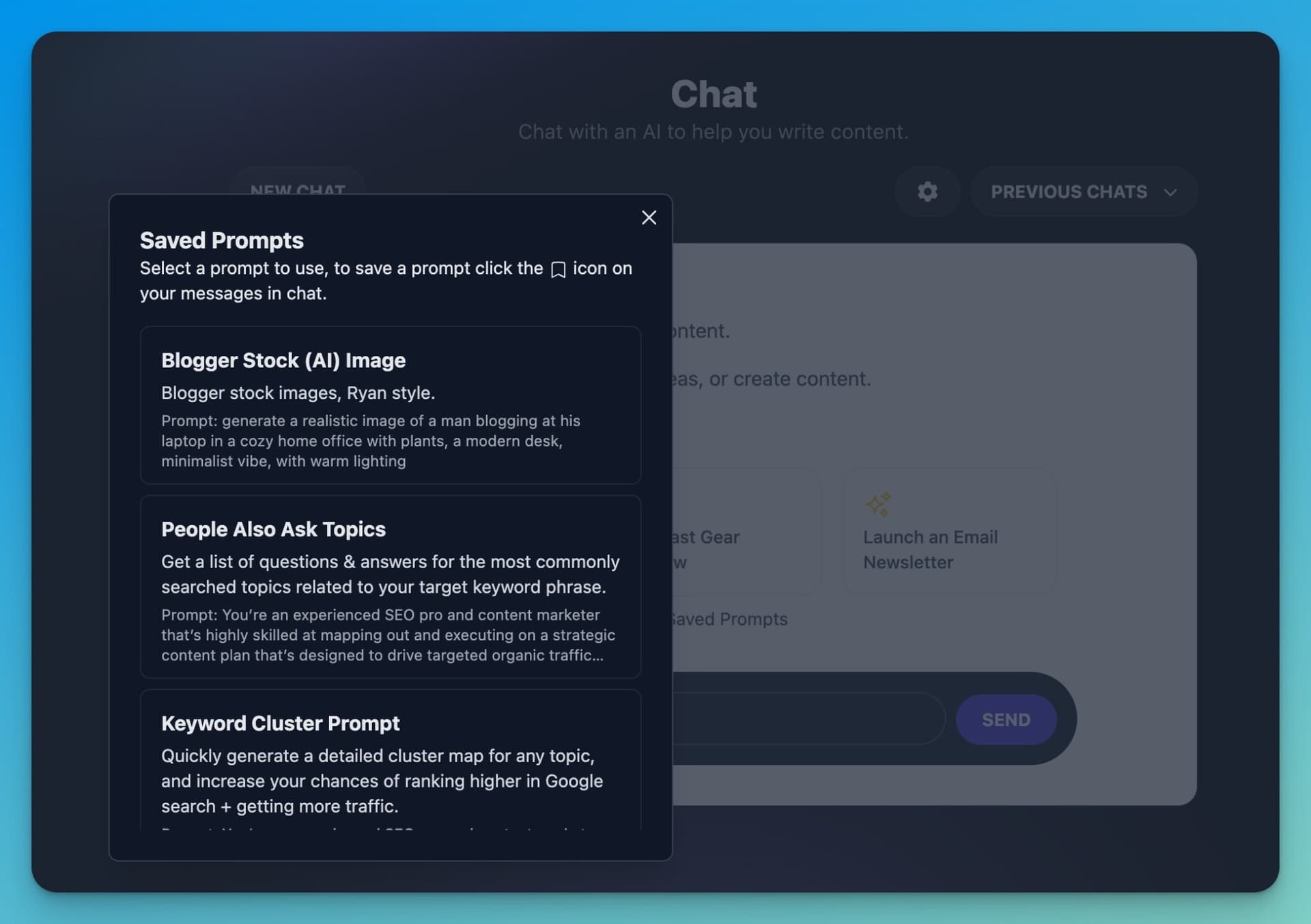 RightBlogger Chat Saved Prompt Library (Screen Shot)