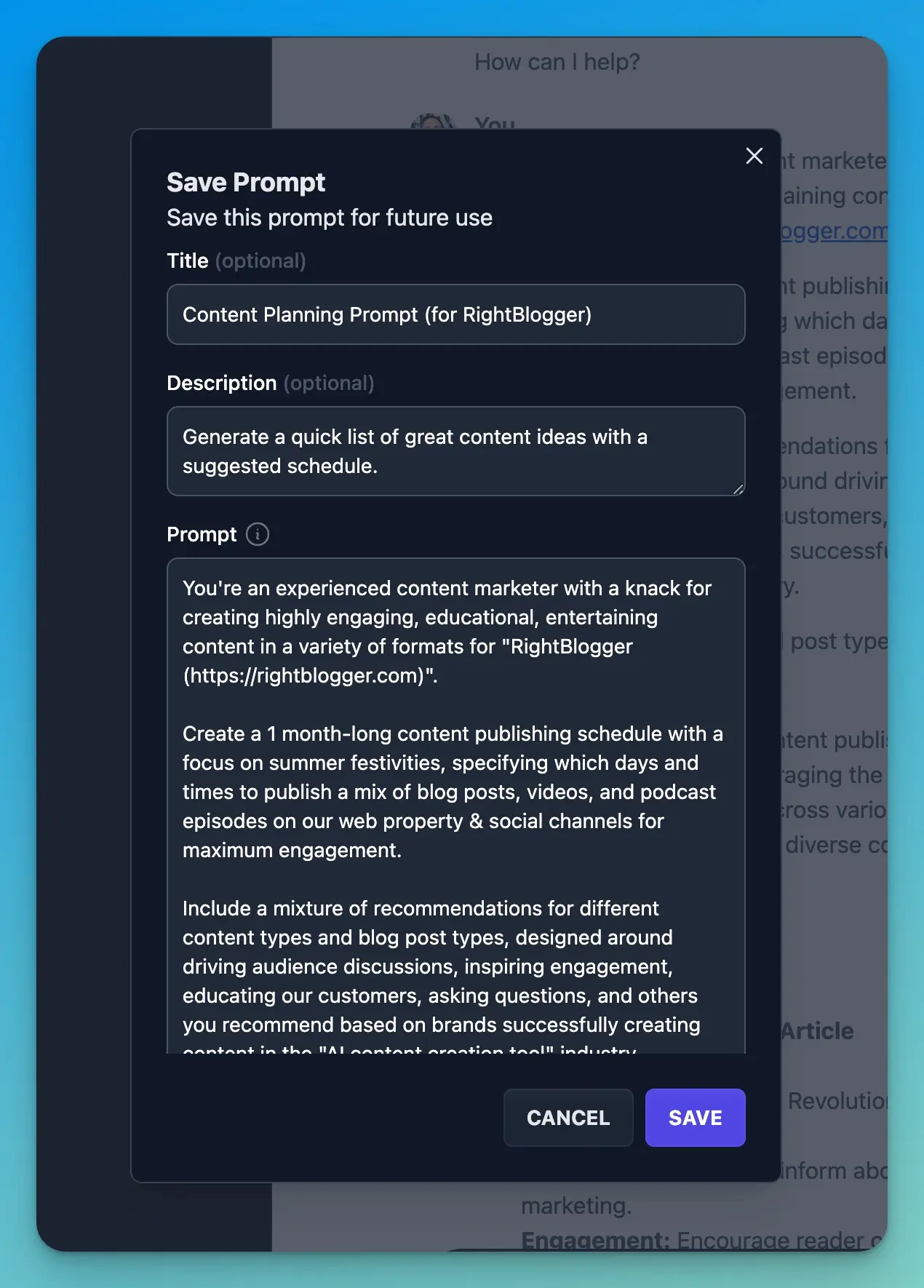 RightBlogger Chat Saved Prompts LIbrary (Screen Shot)