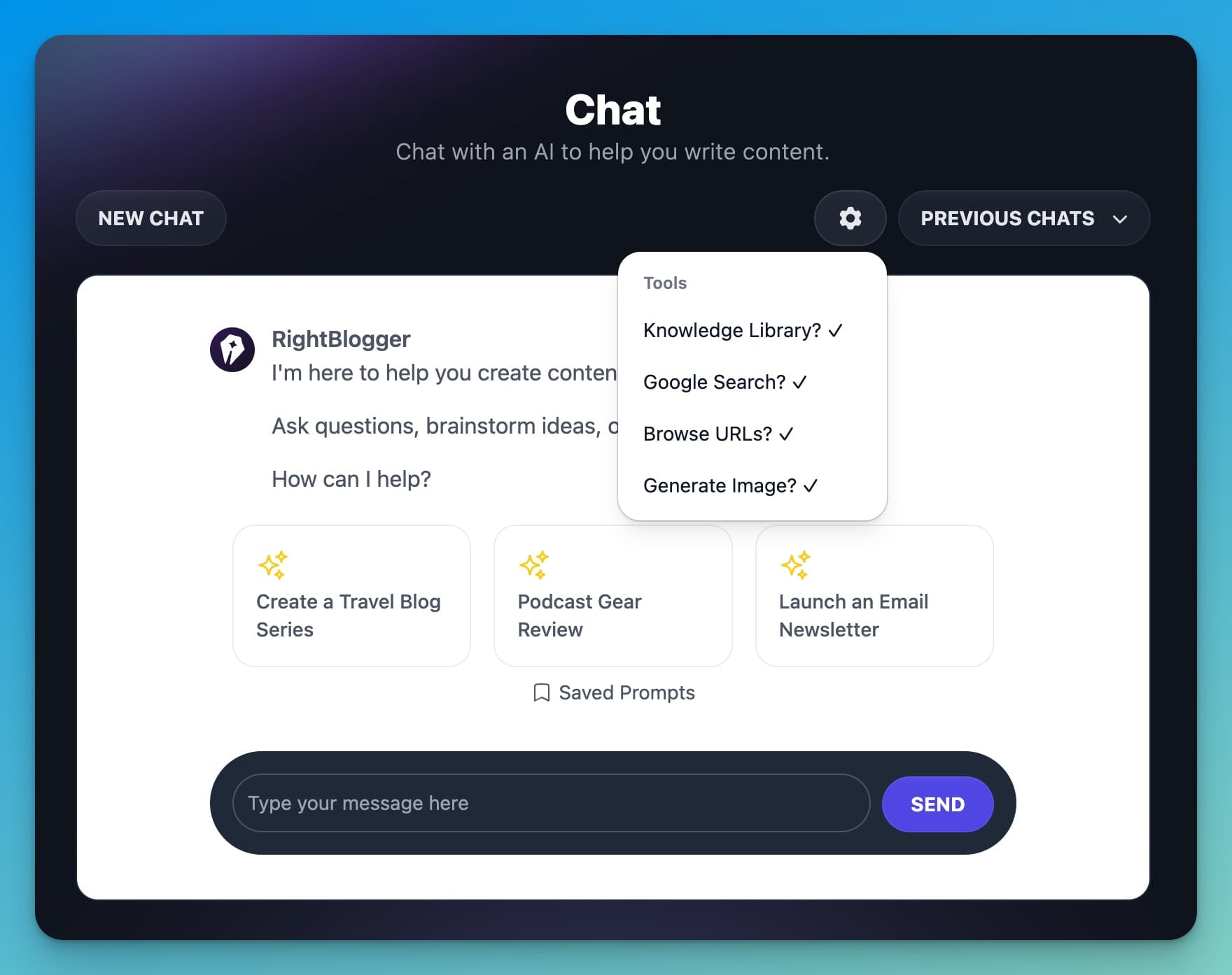 RightBlogger Chat Supercharged Tools Options (Screen Shot)