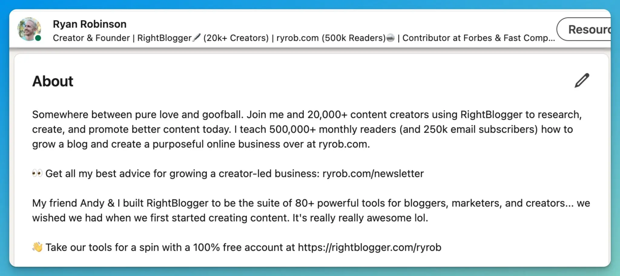 Ryan Robinson LinkedIn Personal Bio Examples (Screen Shot)