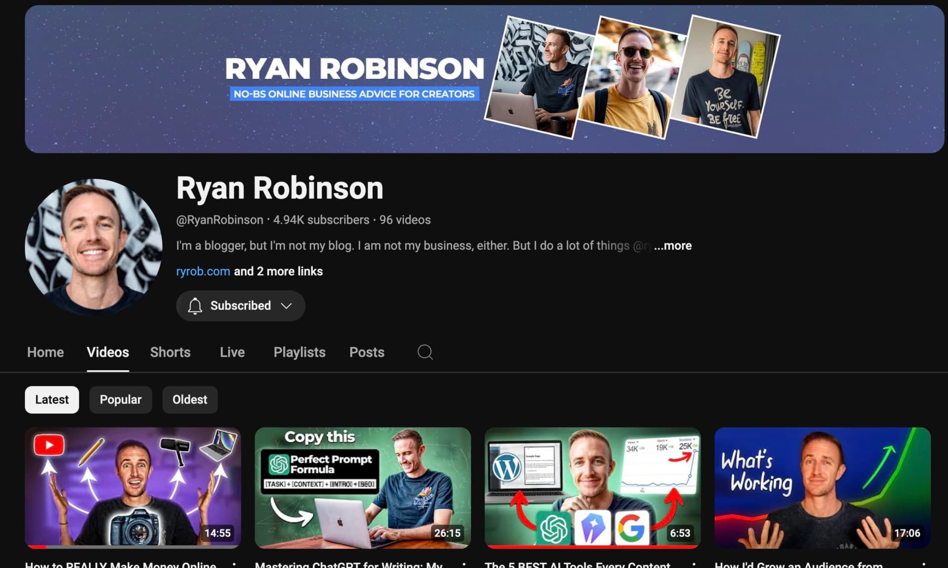 Ryan Robinson YouTube Channel Social Media Screen SHot