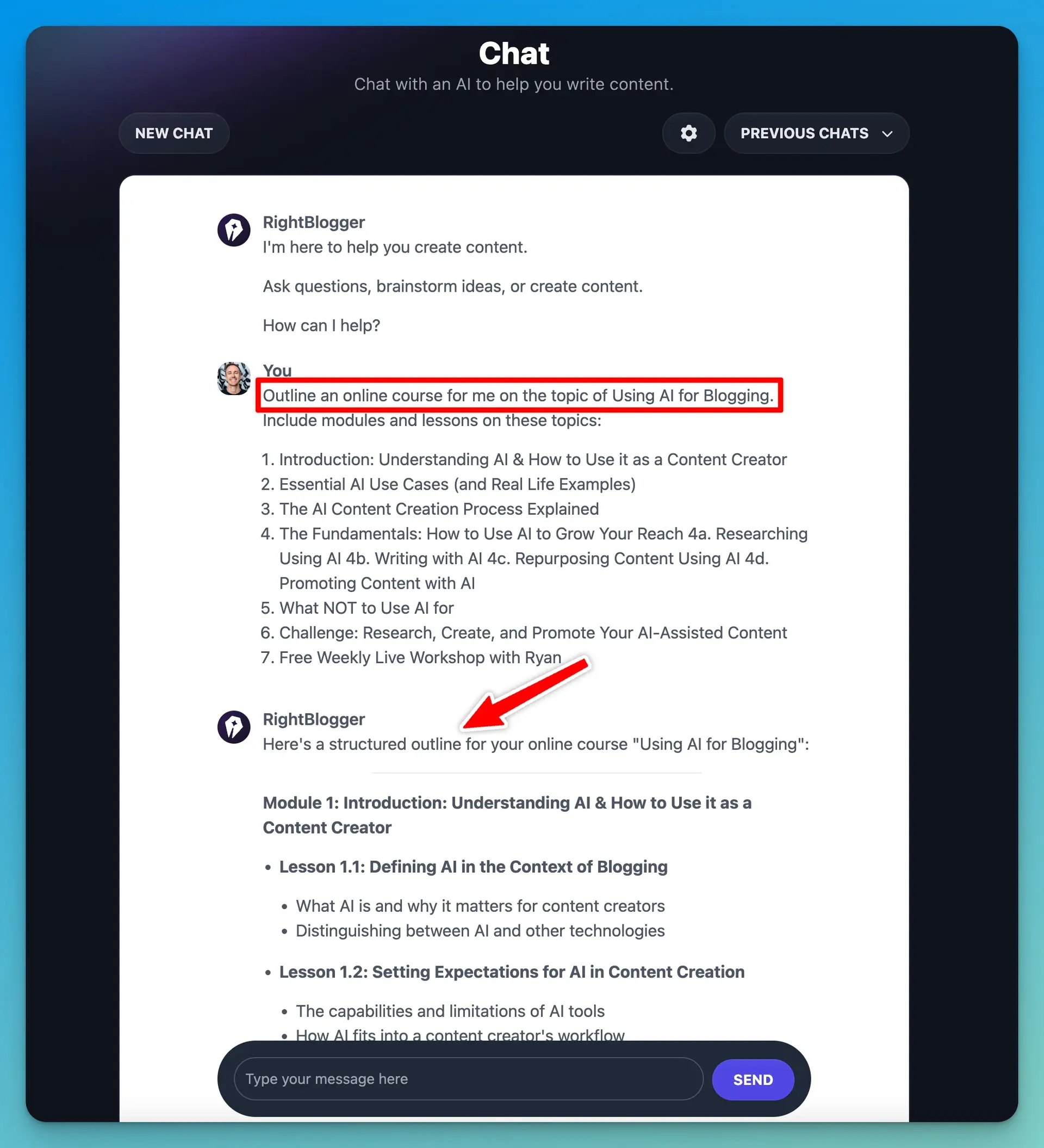 Using AI Chat to Generate an Online Course Outline (Screen Shot)
