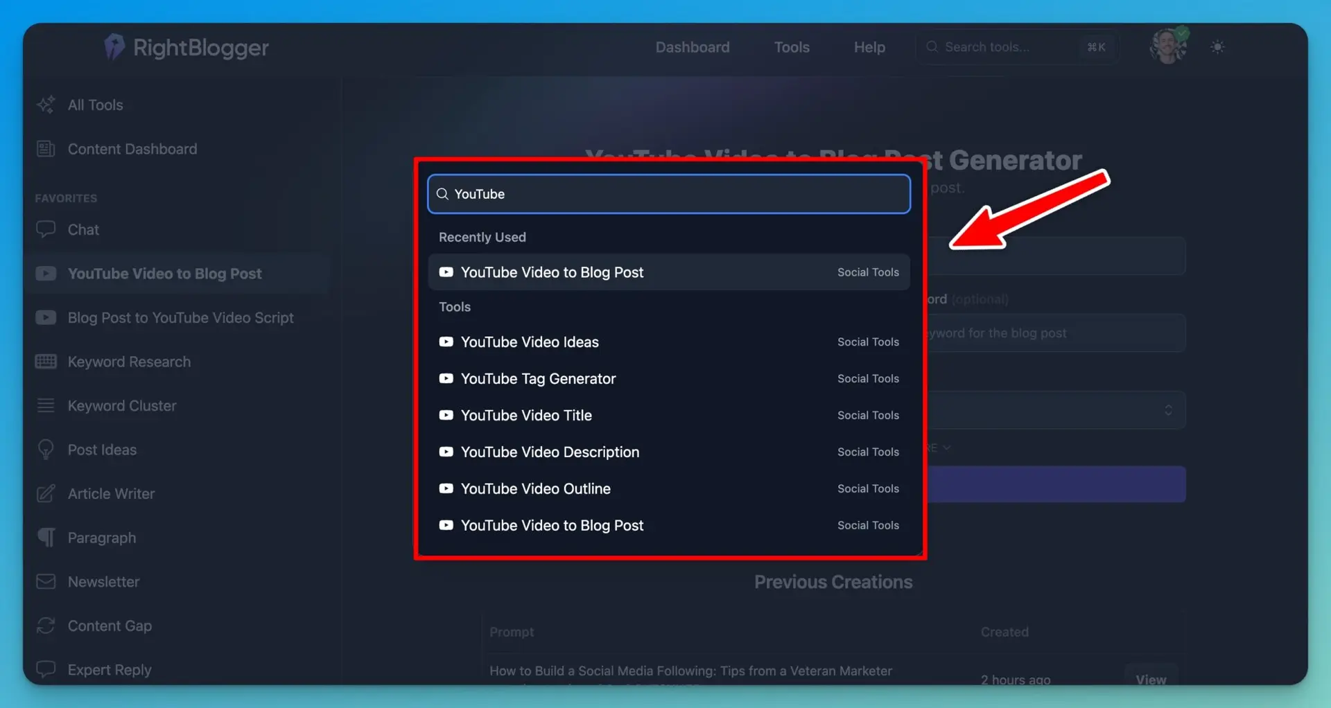 YouTube Tools in RightBlogger (Screen Shot)