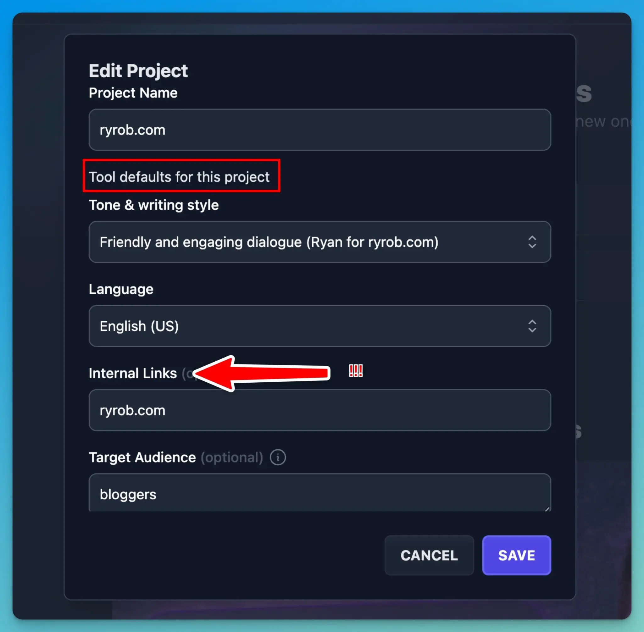 Projects and Internal Links in RightBlogger (Screen Shot)