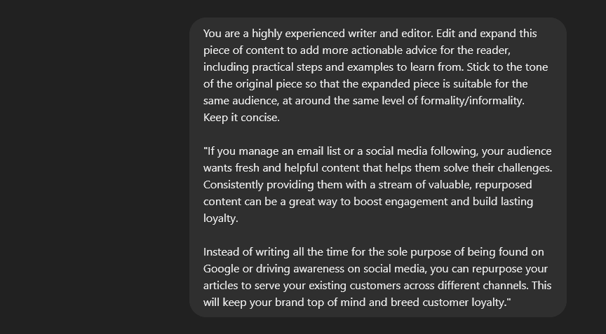 ChatGPT editing prompt asking ChatGPT to edit and expand a piece of content to add more actionable advice