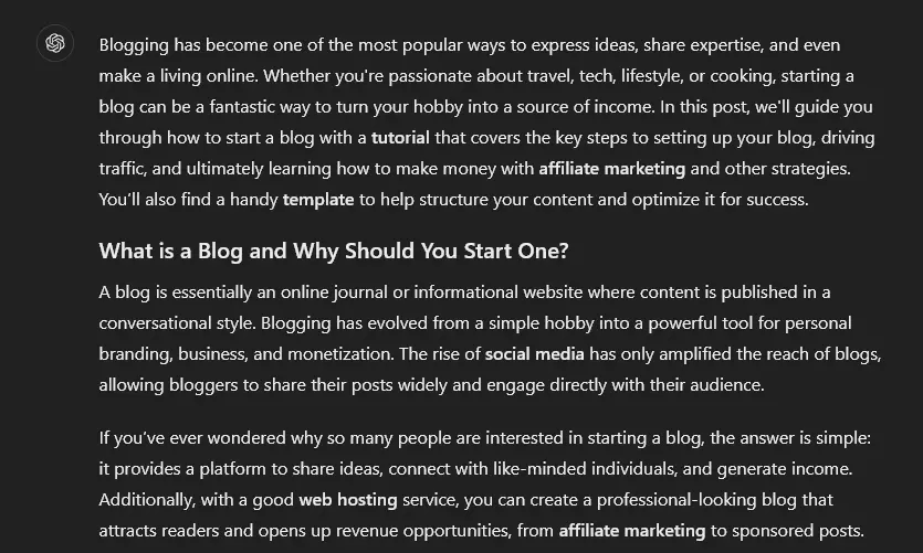 ChatGPT example of keywords added into a blog post