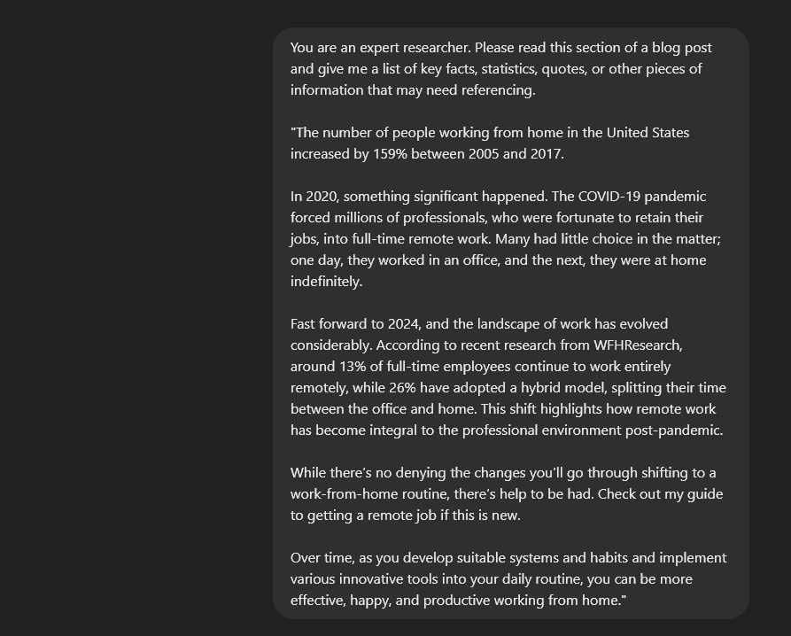 ChatGPT editing prompt asking ChatGPT to read a passage and then list key facts, statistics, quotes, or other pieces of information that may need referencing