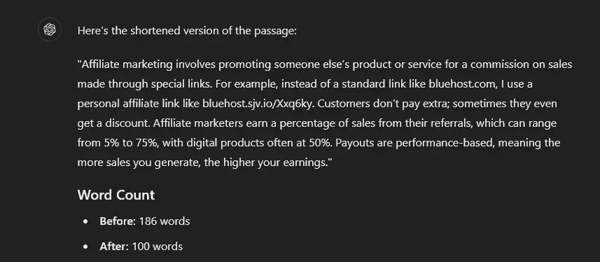 ChatGPT example of a shortened version of the passage of text