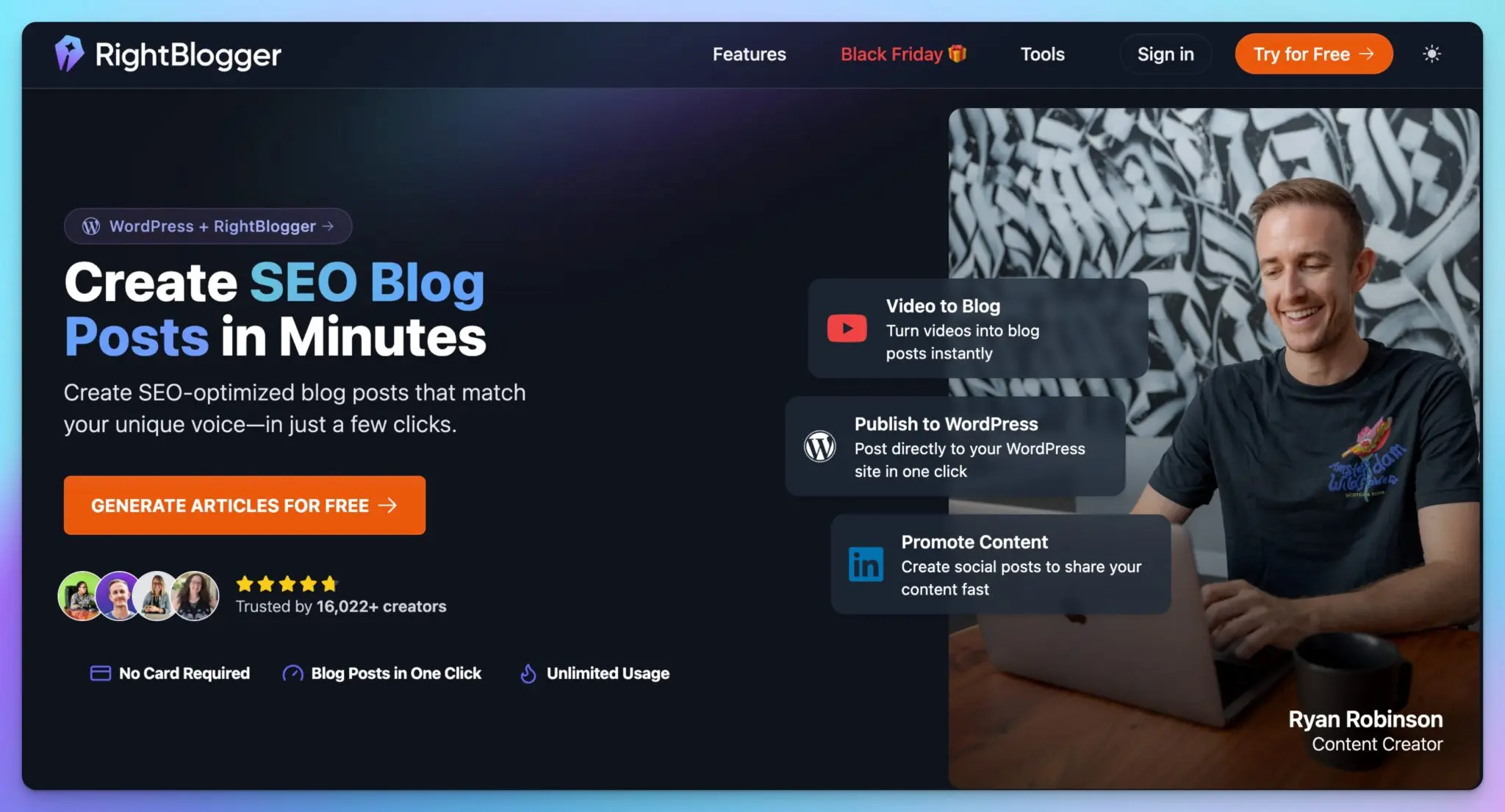 RightBlogger SEO Blog Post Writer Homepage Screen Shot (AI Tools) BF