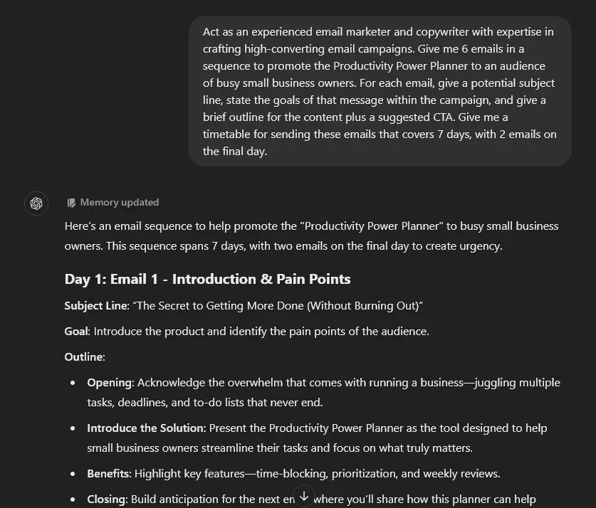 An example AI email prompt in ChatGPT to outline a full email campaign to promote a product.