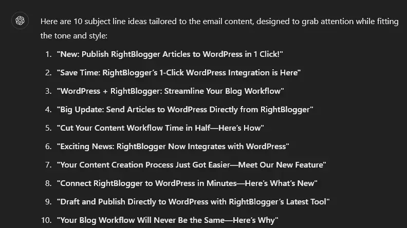 An example AI email prompt in ChatGPT to craft subject lines for an existing email.