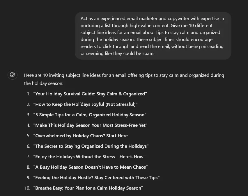 An example AI email prompt in ChatGPT to come up with subject line ideas for a newsletter.