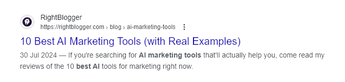 A RightBlogger page as it appears in Google's search results