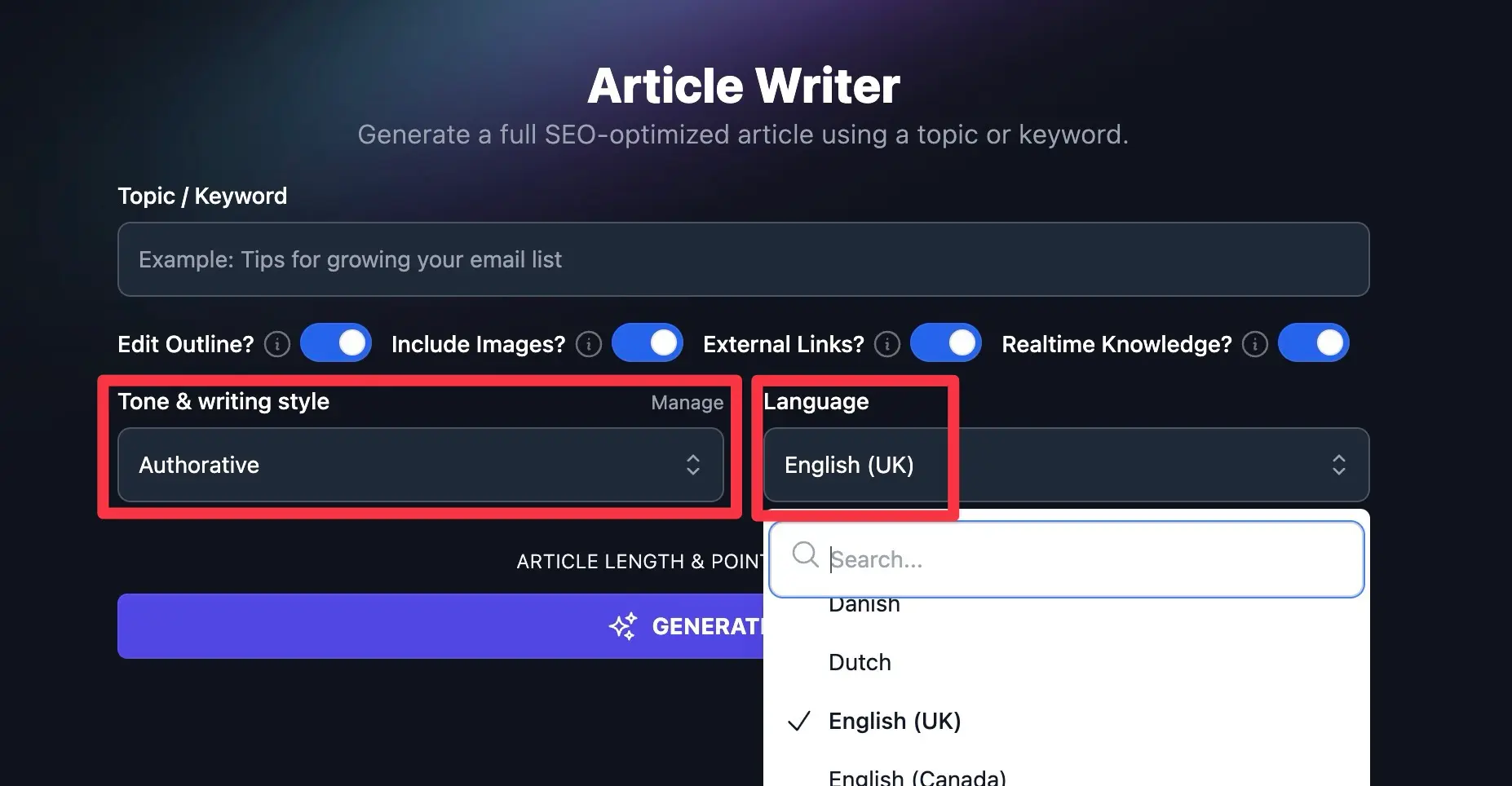 Language and tone in RightBlogger's AI Article Writer