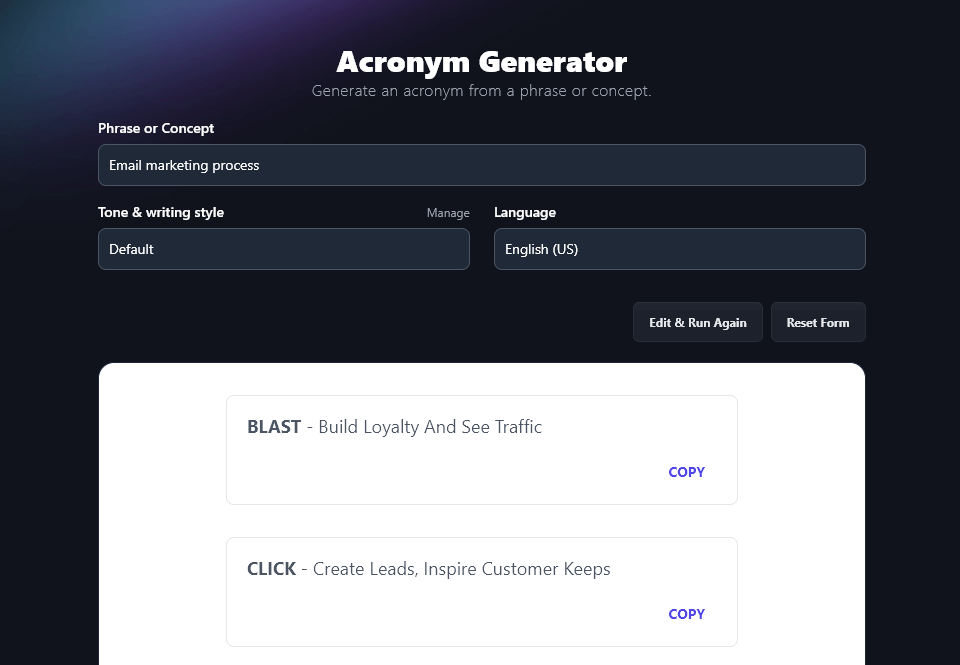 The RightBlogger Acronym Generator tool (AI productivity tool)