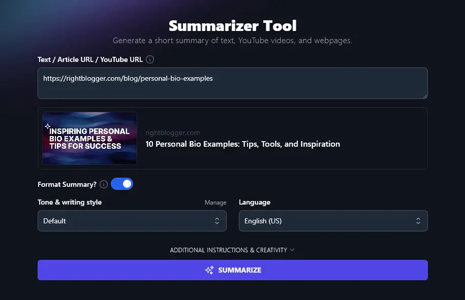 The RightBlogger Summarizer (AI productivity tool)