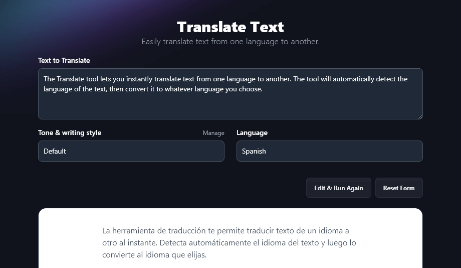 The RightBlogger Translate Text tool (AI productivity tool)
