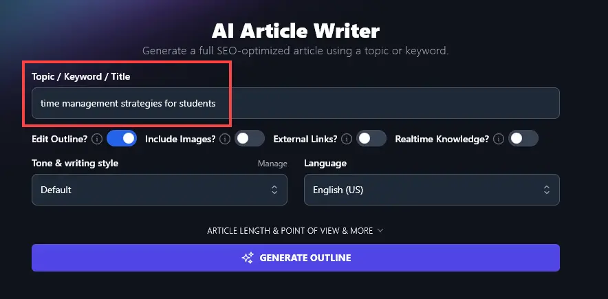 Using the RightBlogger AI Article Writer: entering a keyword or title