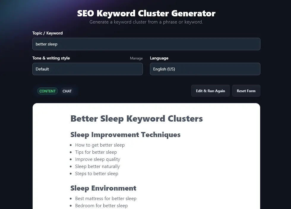 The Keyword Cluster tool: a RightBlogger on-page SEO AI tool