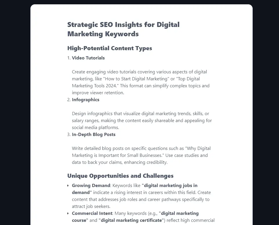A list of strategic SEO insights produced by the People Also Ask tool