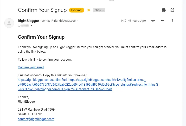 Email to confirm signup screen shot