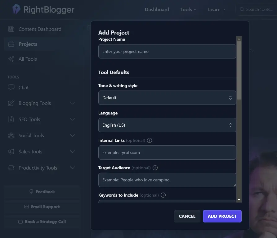 Adding a project inside RightBlogger