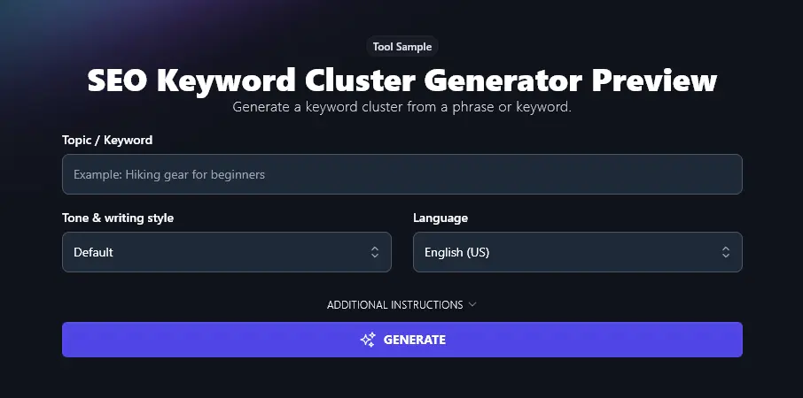 SEO Keyword Cluster tool (free preview)