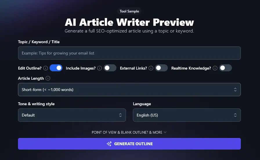 AI Article Writer tool (free preview)
