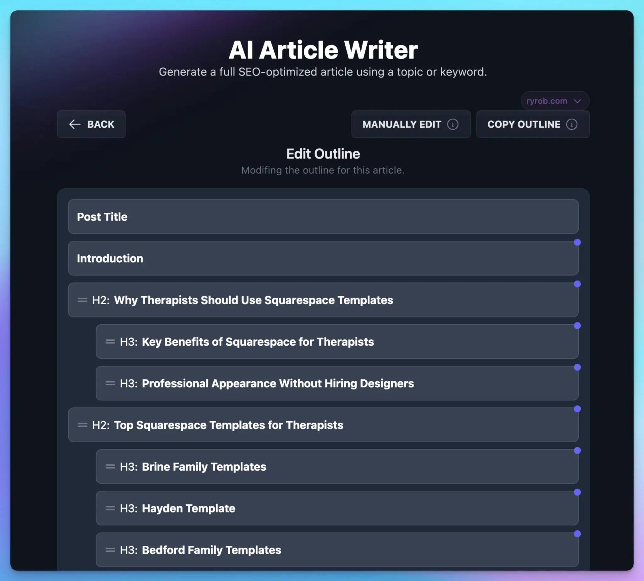 AI Content Creation Process (Outline Step) RightBlogger Tool Demo