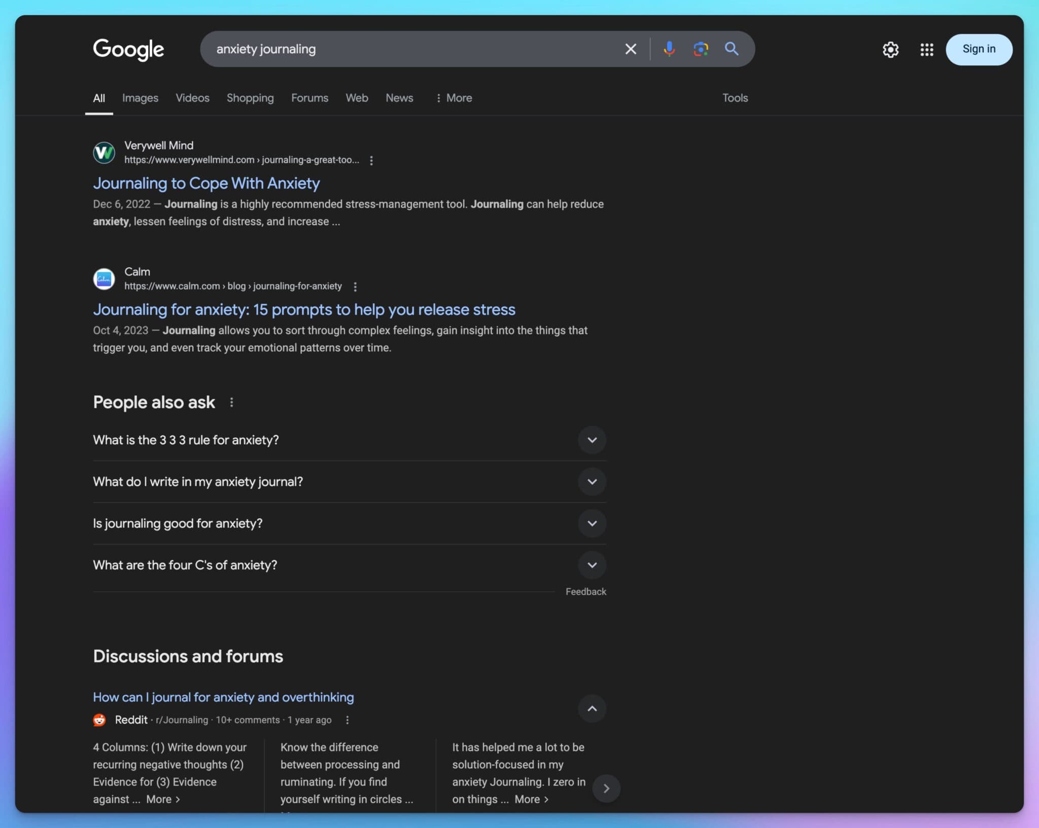 Google Search Engine Results Page Example (Understanding User Intent of Keywords)